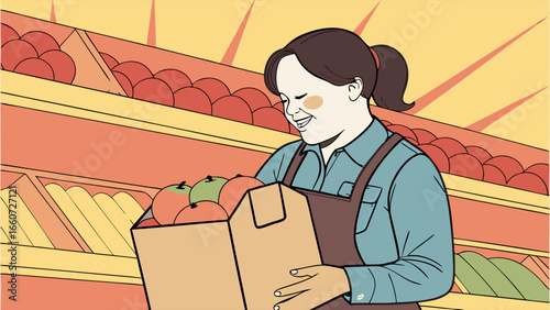 Smiling Grocer with Apples in a Paper Bag at the Market.