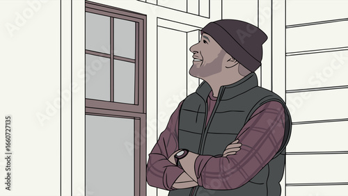 Smiling Man Outdoors by a Window Dressed in Layers.