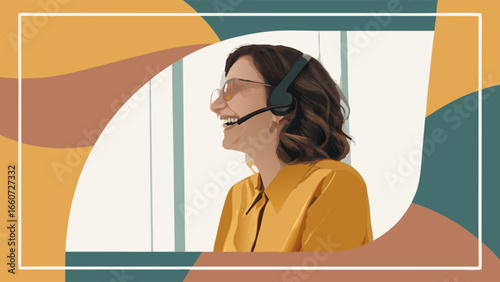 Smiling Woman Wearing Headset and Glasses Side Profile.