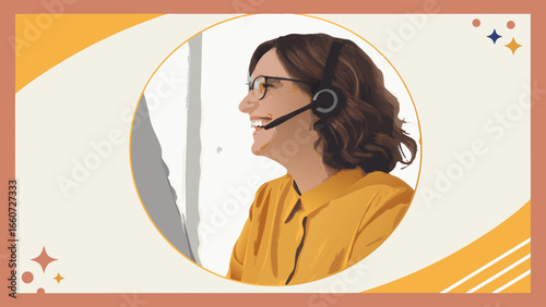 Smiling Woman Wearing Headset Customer Service Representative.