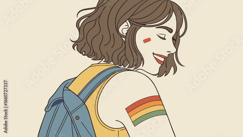 Smiling Woman with Rainbow Armband and Denim Overalls Illustration.