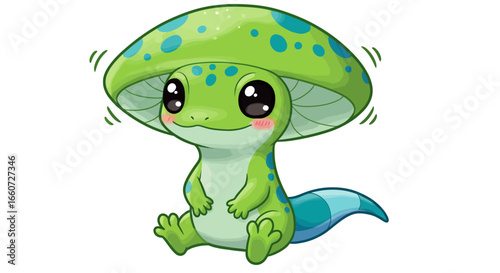 dorable little green gecko with a bright green mushroom cap on its head as a whimsical hat creating a fantasy creature with large innocent eyes and a cute smiling face looking forward with its blue ta
