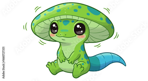 Adorable green amphibian with a bright blue spotted mushroom cap on its head sitting calmly with happy rosy cheeks and a long striped tail