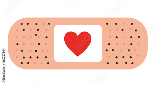 A simple beige adhesive bandage with a white pad in the center featuring a vibrant red heart symbol illustrating a commitment to care health and emotional well-being and healing a common first aid sup
