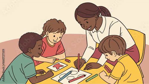 Teacher and Children Drawing Together at a Table with Crayons.