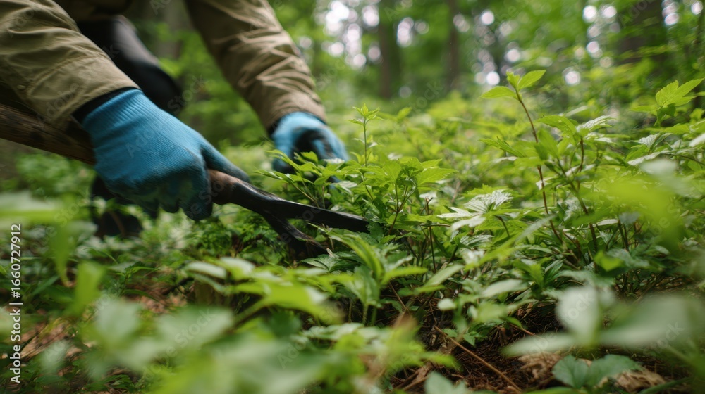 Naklejka premium Medium shot capturing a volunteer clearing invasive plants from forest floor sharp focus on arms and tool with softly defocused lush greenery around.
