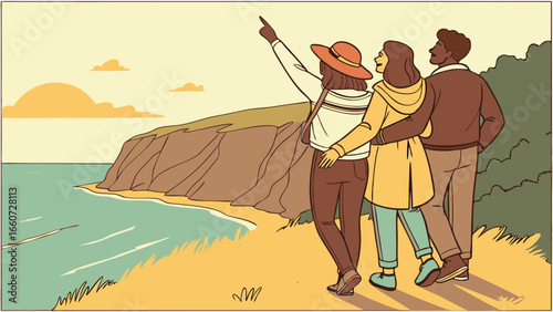 Three Friends Enjoying Coastal Sunset View.