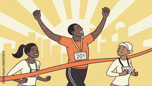 Three Runners Crossing the Finish Line in Celebration.