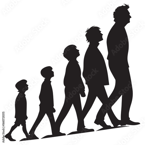 Silhouette of human life stages from childhood to old age isolated on white background