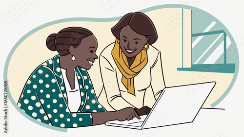 Two smiling Black women collaborating on a laptop.