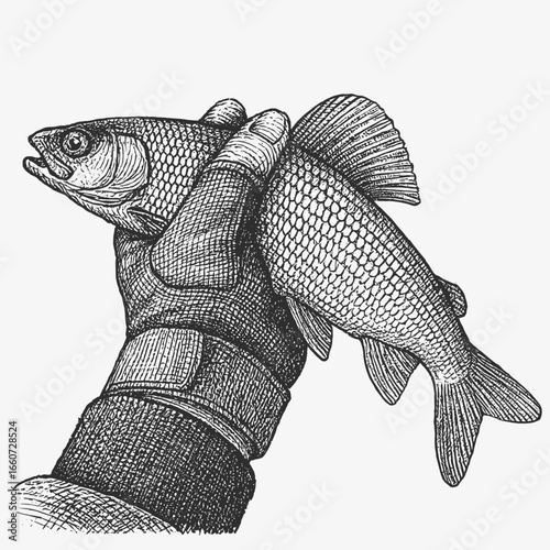 POV first-person view grayling fish in fisherman’s hand, engraving or ink sketch black and white vector illustration