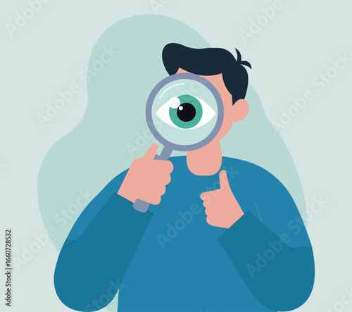 A man holding a magnifying glass with an eye symbolizes search, focus, and discovery. A thumbs-up gesture indicates approval or successful investigation