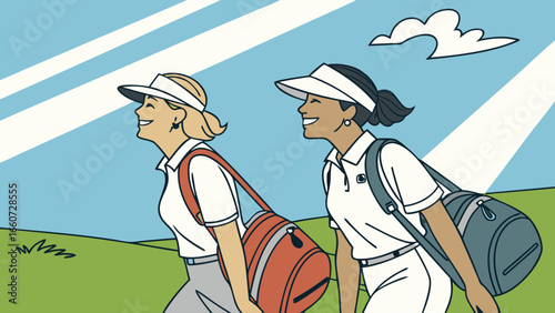 Two Smiling Female Golfers Walking on a Course.