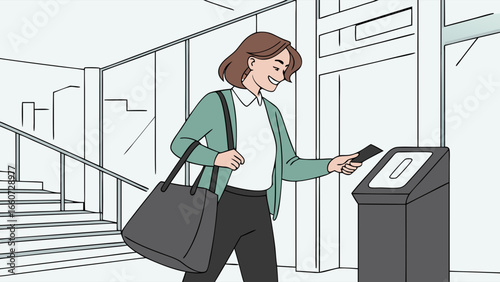 Woman Scanning Card at Terminal in Modern Building.