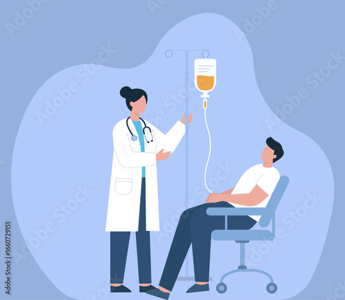 A female doctor attends to a patient receiving intravenous therapy. This flat vector illustration depicts medical care and treatment