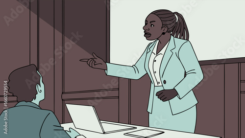Animated Black Woman Gesturing in Business Setting.
