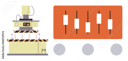 Industrial machine with control box, warning labels, and control panel for adjustments. Ideal for technology, automation, engineering, manufacturing, process control settings innovation. Simple