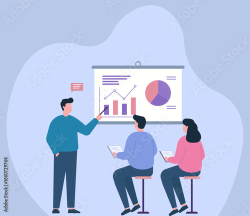 A professional presents business data using charts and graphs to an audience during a corporate meeting or seminar