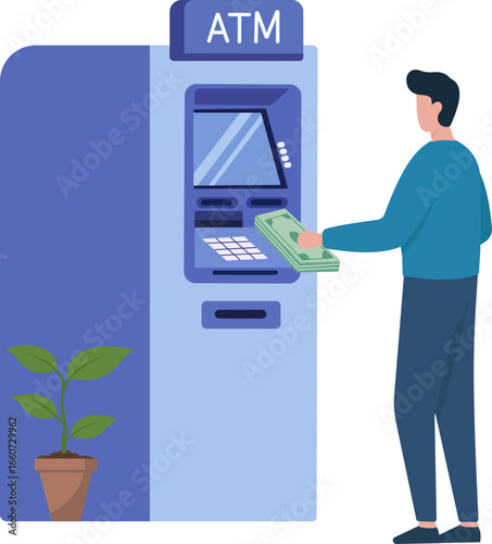 A man withdraws cash from an ATM. This flat vector illustration represents banking, personal finance, and automated financial transactions