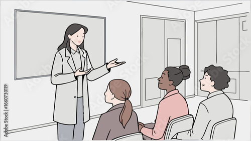 Business Presentation by a Woman in a Lab Coat.