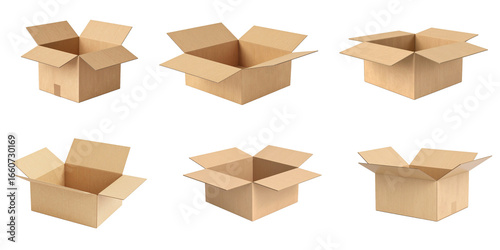 3D cardboard box set isolated on transparent background. Render delivery cargo box. 3d realistic illustration.