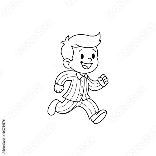 Happy Boy Running in Pajamas: A Joyful Child's Playful Run in Striped Sleepwear