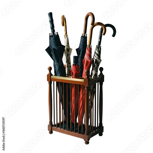 Elegant wooden umbrella stand filled with various colorful umbrellas, a classic and practical entryway accessory against a clean white background.