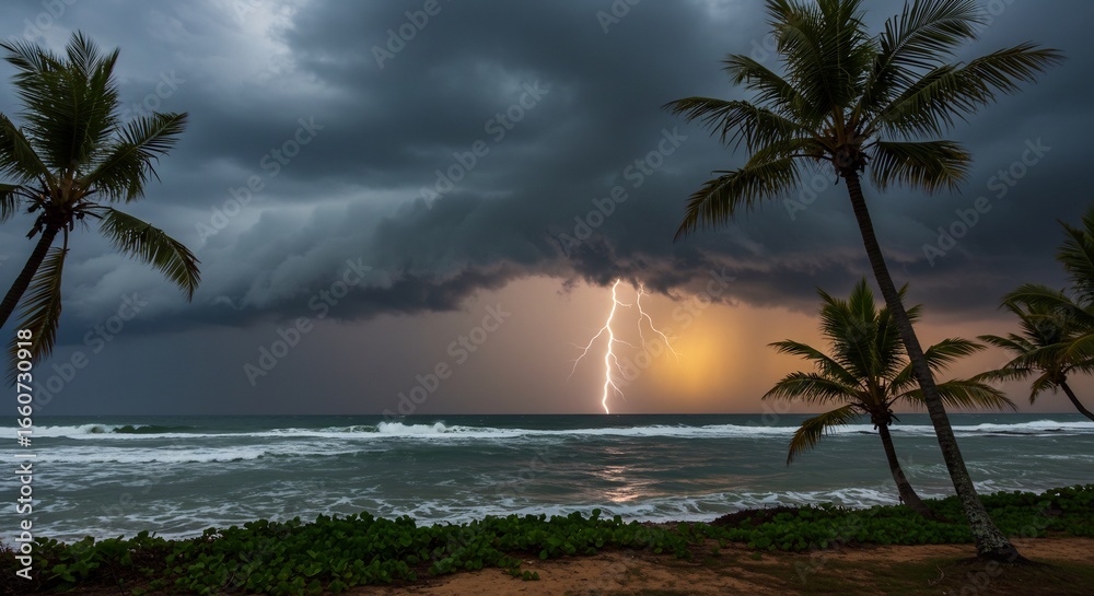 Fototapeta premium 熱帯夜空 稲妻輝く 海辺ヤシの木 ドラマチック風景. AI Generated