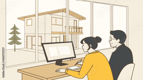 Couple Working from Home with Modern House View Through Window.