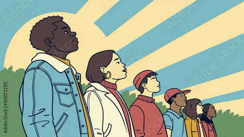 Diverse Group of People Looking Upward.