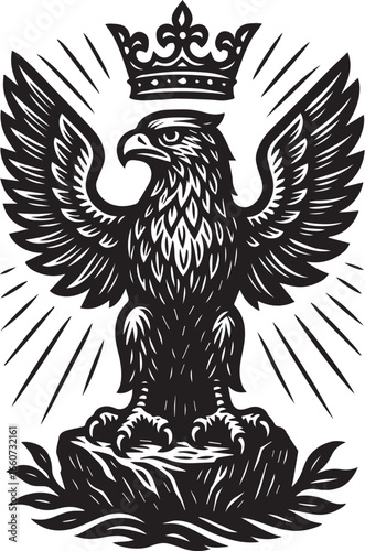 Heraldic Eagle with Crowning Glory, in Black and White Linocut Style Art