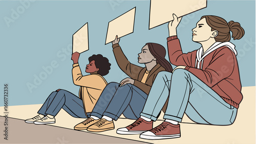 Diverse Group of Women Protesting with Signs Sitting Down Illustration.