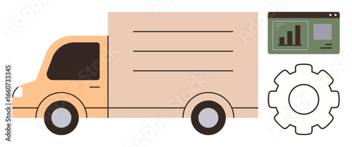 Delivery truck beside analytics dashboard and gear wheel symbolizing logistics, efficiency, data analysis, shipping, supply chain, fleet management, and business operations. Ideal for transport