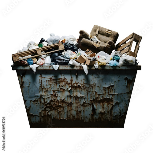 Overflowing dumpster filled with various types of trash and debris, highlighting waste management issues