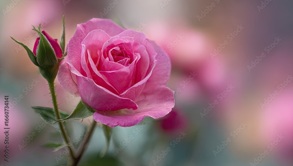 Fototapeta premium A delicate pink rose in full bloom, accompanied by an unopened bud, set against a softly blurred background of other roses