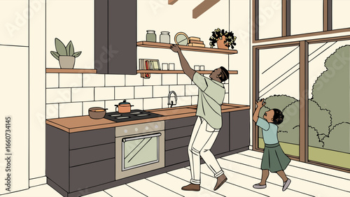 Family Organizing Kitchen Shelves Together.