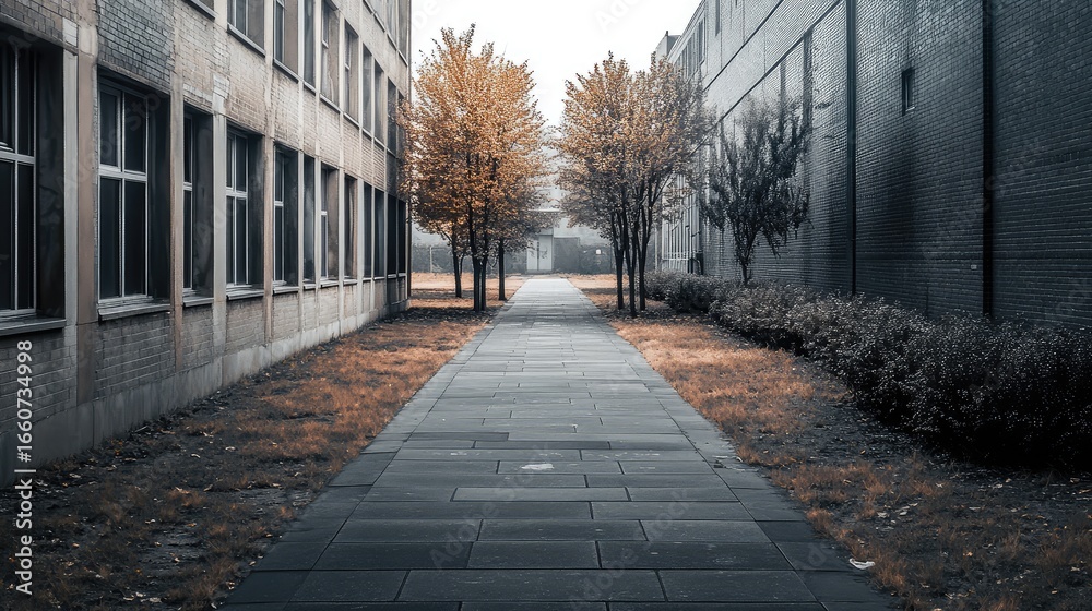 Obraz premium A brick walkway with trees on either side