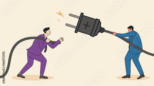 Businessmen Struggle Over Power Cord Connection.