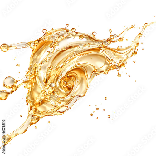 A vibrant splash of golden liquid captured in mid-air, creating a beautiful and dynamic swirling flux isolated on a white background.
