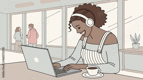 Happy Black Woman Working on Laptop in Cafe.