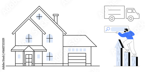 Large house, man using magnifying glass on upward-trending bars, moving truck. Ideal for real estate, home search, rentals, investment, property trends relocation. Simple flat metaphor