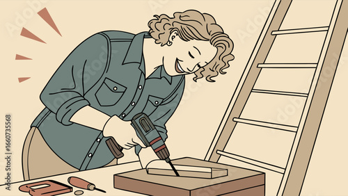 Happy Woman Using a Cordless Drill for DIY Woodworking Project.