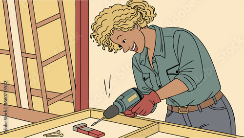 Happy Woman Using a Cordless Drill for DIY Project.