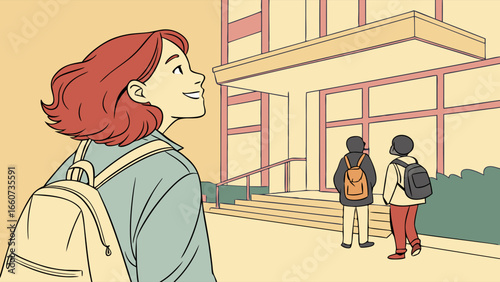 Happy Young Woman with Backpack Approaching School Building.