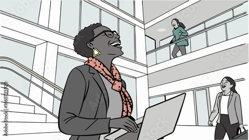 Joyful Black Businesswoman with Laptop in Modern Office Atrium.
