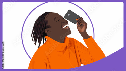 Joyful Black Woman Holding Credit Card Braided Hair.