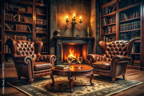Dark Academia Living Room: Cozy Leather Chairs by Fireplace, 8K Panoramic