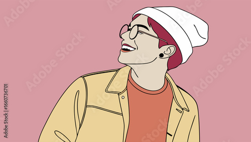 Joyful Illustration of a Person with Pink Hair Glasses and a White Beanie.