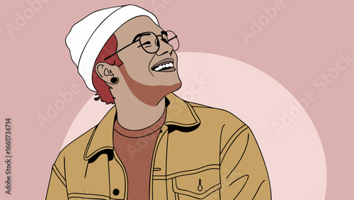 Joyful Person in a Beige Jacket and White Beanie.