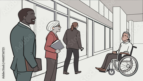 Person in Wheelchair in Office Corridor.